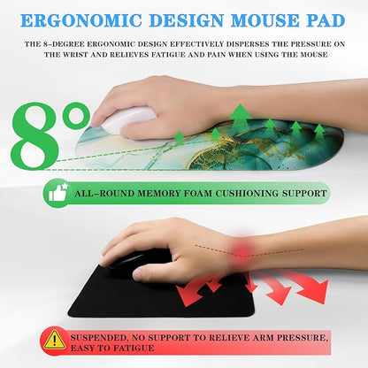 Mouse Pad Wrist Wrist Rest, Comfortable Memory Foam Wrist Rest, Non-Slip PU Base, Ergonomic Wrist Support and Arm Rests for Gaming, Office, Computer Use, Relieve Typing Pain-（Green Marble）