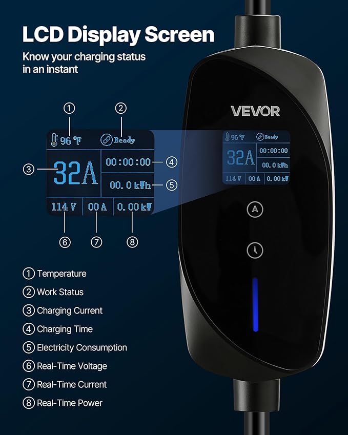 VEVOR Level 2 Tesla Charger, 32 Amp Adjustable Current, 240V Portable Home Electric Car EV Charger with 25 ft Charging Cable, NEMA 14-50P Plug, LCD Display, NACS Connector, for Tesla Model Y/X/3/S