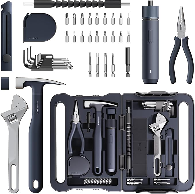 HOTO 40-Piece Tool Kit, Household Essentials Tool Set w/Smart Electric Screwdriver (LED, 3 Torque) + 14 Tools & 26 Accessories | Pro-Grade Compact Organizer for Home, Dorm Repairs, DIY