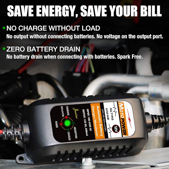 MOTOPOWER MP00205A 12V 800mA Automatic Battery Charger, Battery Maintainer, Trickle Charger, and Battery Desulfator, 2 Pack