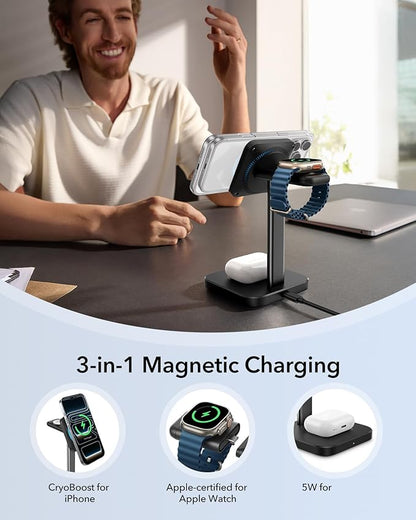 ESR for MagSafe Charger Stand, 3 in 1 Charging Station with CryoBoost, Phone-Cooling Wireless Charging, 15W MagSafe Stand, for iPhone 17/16/15/14/13/12, AirPods, Apple Watch, Black