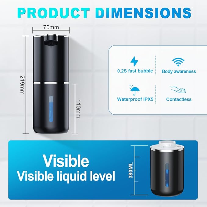 Automatic Foaming Soap Dispenser, 12.8oz/380ml Wall Mount Touchless Soap Dispenser with Sensor, 4-Level Adjustable, IPX5 Waterproof, USB Rechargeable for Bathroom, Kitchen
