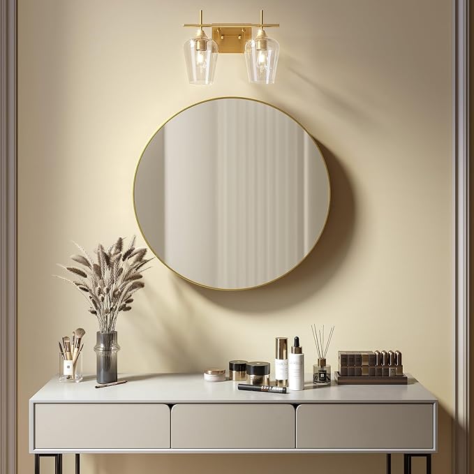 VONLUCE Bathroom Vanity Light, 2-Light Bathroom Light Fixture Over Mirror, Vanity Light Fixtures with Clear Glass, Modern Wall Sconce for Bathroom Bedroom Hallway Kitchen, Brushed Gold