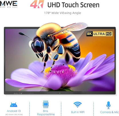 QIXZOCV 75" Smart Board for Business, Large Interactive Whiteboard with Multi-Touch, 4K Electronic Board with Screen Sharing, Bluetooth/WiFi/HDMI, Camera & Mic, Android 13,8+128G (Wall Mount Included)