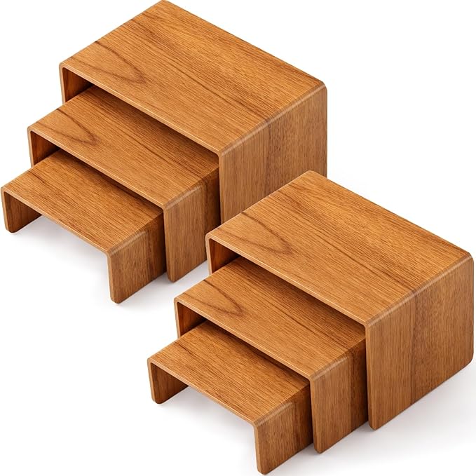 Chuangdi 2 Sets Acrylic Display Risers, Product Stand, Jewelry Display Riser Shelf Showcase Fixtures for Dessert Cupcake Candy Figure Treat Action Showcase (Wood,Small Set)