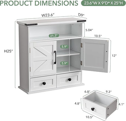 Bathroom Wall Cabinet, 23x25 Inch Farmhouse Medicine Cabinet Over Toilet with Drawer 2 Doors, Motion Lighting & Adjustable Shelves, White Above Toilet Storage for Laundry, Kitchen