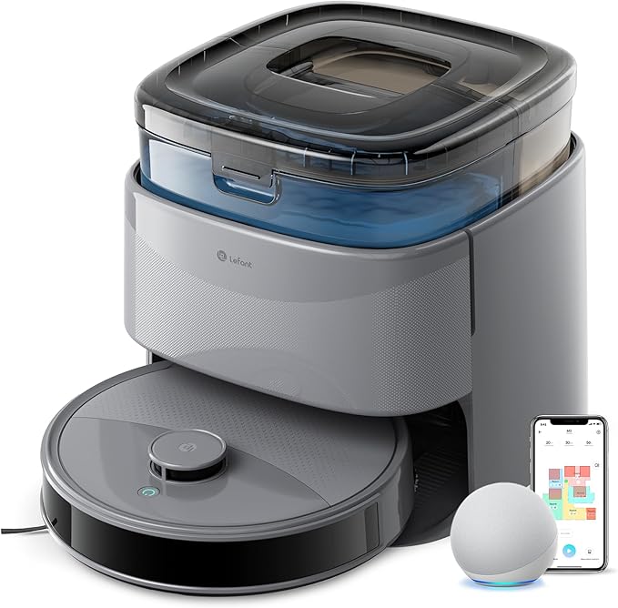 Lefant M3 Max Robot Vacuum, Robot Vacuum and Mop, 20000Pa Suction, Anti-Tangle Brushes, Dual Spinning Mop,Smart Obstacle Avoidance，Self-Emptying&Refilling，Auto Mop Washing&Drying，Gray