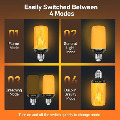 Vicstone Upgraded LED Flame Light Bulbs Christmas Decorations, 4-Mode Flickering Light Bulbs with Upside Down Effect, E26 27 Fire Light Bulb for Porch Party Patio Home Halloween Indoor Outdoor, 4 Pack