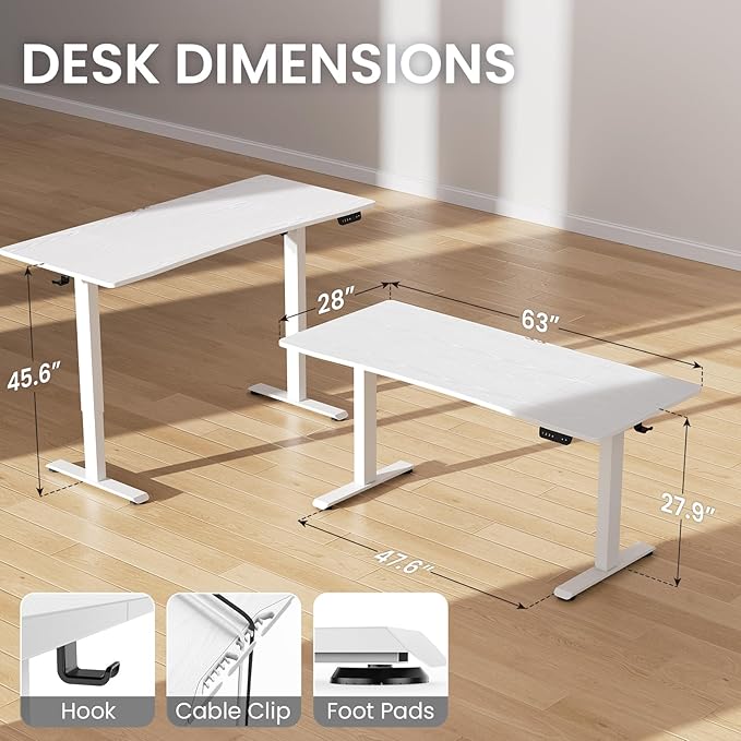 Veken 63 x 28 Inch Electric Standing Desk with Adjustable Height, Sit to Stand Computer Table for Study, Work or Gaming, Home Office Desk White