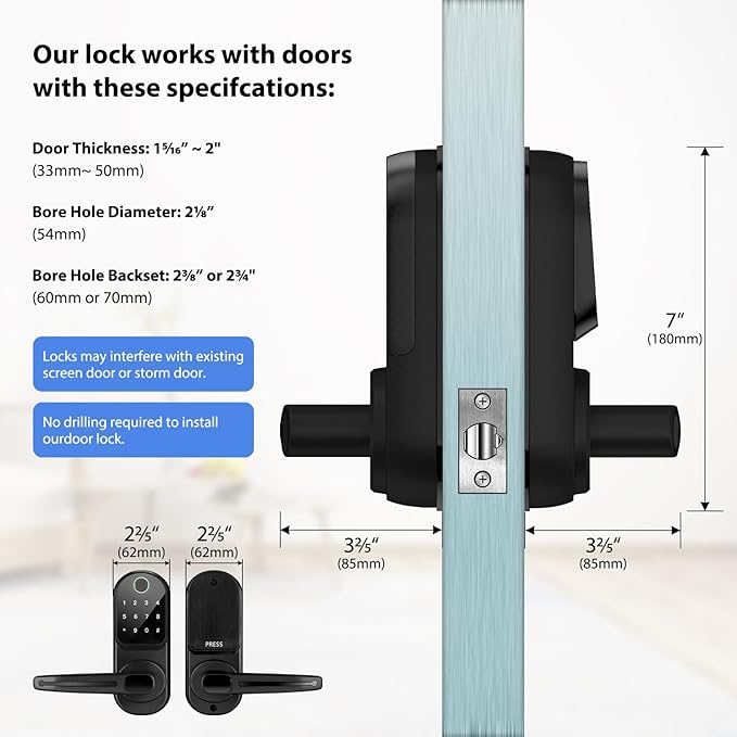 CATCHFACE Fingerprint Door Lock TTLock Smart Lock Biometric Door Lock with Fingerprint,Free App,Share Ekey and IC Card Keyless Entry with Reversible Handle - Matte Black