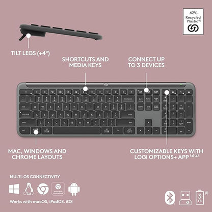 Logitech MK955 Signature Slim Wireless Keyboard and Mouse Combo, for Larger Hands, Quiet Typing and Clicking, Switch Across Three Devices, Bluetooth, Multi-OS, for Windows and Mac