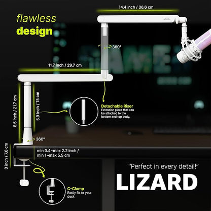 IXTECH White Microphone Boom Arm Stand Low Profile Boom Arm Adjustable Mic Stand with Built In Cable Management 360° Swivel Mic Arm.