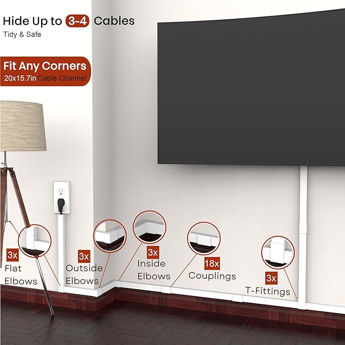Cord Hider, Wire Cover, Cord Covers Wall Mounted TV, Cable Hider, 315 in Paintable White Raceway Kit, Electrical Cords Concealer, Cable Management, Hide Cords Wall, Wire Molding, Adhesive Channel