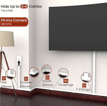 Cord Hider, Wire Cover, Cord Covers Wall Mounted TV, Cable Hider, 315 in Paintable White Raceway Kit, Electrical Cords Concealer, Cable Management, Hide Cords Wall, Wire Molding, Adhesive Channel