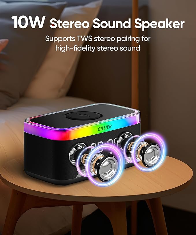 GILLIER Wireless Charging Alarm Clock Radio for Bedrooms – 15W Fast Wireless Charger Station for iPhone/Samsung, Bluetooth Stereo Speaker with FM Radio, Dimmable Display, USB Port, Sleep Timer, Black