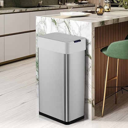 Arlopu 21.1 Gal Automatic Trash Can, 80L Stainless Steel Motion Sensor Garbage Bin, Touchless Brushed Wastebasket, W/Butterfly, Soft-Close Lid, for Living, Dinning Room, Kitchen (Silver)
