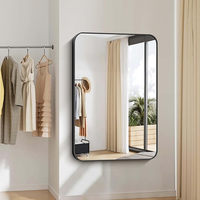 Bathroom Mirror, 48x36 inch Black Rectangle Wall Mirror, Metal Frame Rounded Corner Vanity Mirror, Large Wall Mounted Mirror for Over Sink Bedroom Living Room Horizontal Or Vertical Mounting