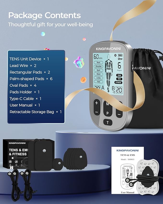 KingPavonini 3-in-1 TENS Unit Muscle Stimulator for Pain Relief Therapy, Dual Channel 36 Modes TENS Machine with 12 Pads, Rechargeable & Portable EMS Muscle Stimulator for Back, Shoulder, Neck