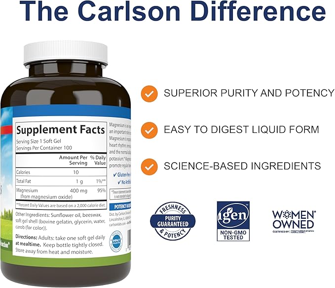 Carlson - Magnesium Gels, 400 mg of Magnesium per Softgel, Heart & Muscle Support, Magnesium Gel Caps, Bowel Function, Magnesium Supplement, 100 Softgels