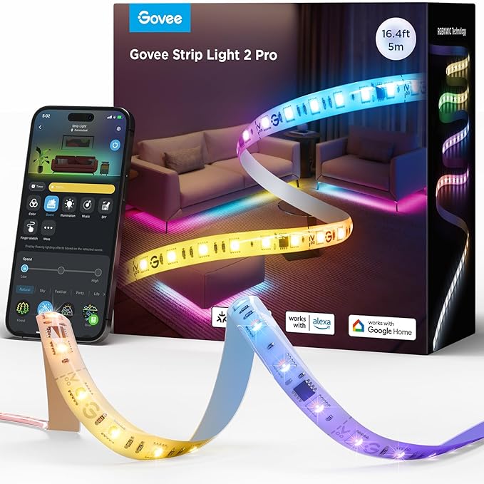 Govee RGBWWIC Strip Light 2 Pro with Matter, 16.4ft Smart LED Strip Lights Work with Alexa and Google Assistant, DIY Color Changing Light Strip, LED Lights for Bedroom, Cabinet, Party, Home Decor