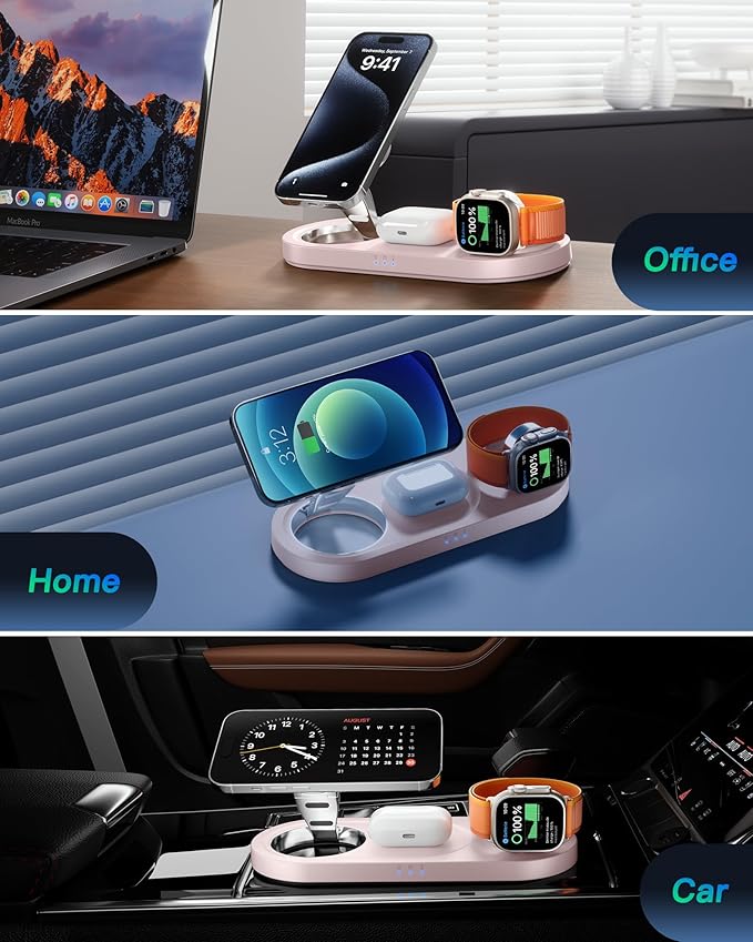 Upgraded 3 in 1 Wireless Charging Station for Apple Devices, Faster Mag-Safe Charger Stand, Magnetic Charger Station for iPhone 17/16/15/14/13/12 Series & AirPods Pro & Apple Watch Series （Pink）