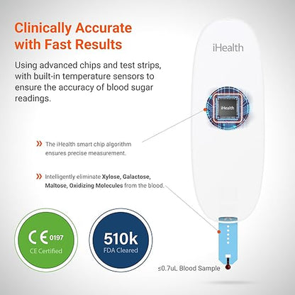 iHealth Gluco+ Wireless Smart Blood Glucose Monitor Kit with Free App, 100 Glucometer Strips, 100 Lancets, 1 Blood Sugar Monitor, 1 Lancing Device, Portable Diabetes Testing Kit for Home Use