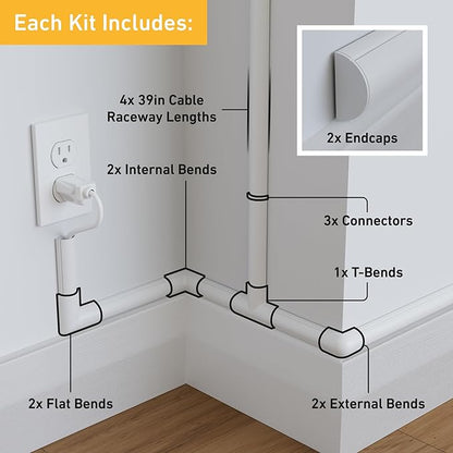 D-Line 13.12ft Cord Hider Kit, Patented Cable Cover, Hide Wires on Wall, Channel for TV Mount Cords, Raceway Wire Hiders, Paintable, Adhesive, Half Round, 4X 1.18in W x 0.59in H x 39in Lengths, White