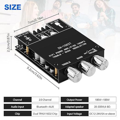 ZK 1002T Bluetooth 5.0 Amplifier Board, 2x100 Watt amp with TPA3116D2 Chip, Stereo Amplifier 2.0 Channel with Treble and Bass Control BT and AUX Inputs for DIY Speaker Kit