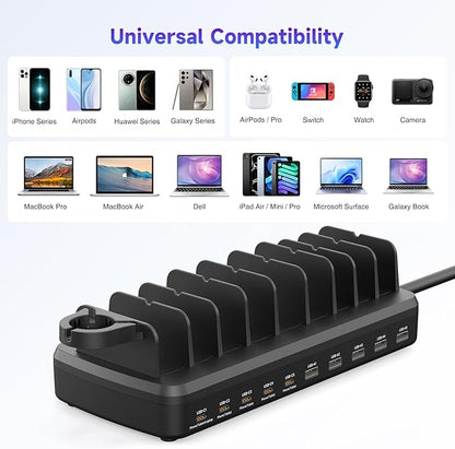 285W Charging Station for Multiple Devices, 10 Ports Fast Multi-Device Charger Organizer Compatible with MacBook Pro Laptop, iPhone, Android, Ipad, Tablet, Kindle, Multi-Device Charging Dock（Black）