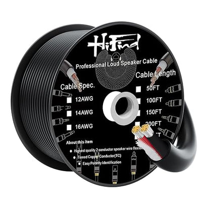 HiFind 14/2 Gauge Speaker Wire Cable 150 Ft-Tinned OFC Copper-UL CL3 Rated- Indoor/Outdoor-Pro Series 14 AWG-UV PVC Jacket&Cotton, Hi-Fi Sound for Car Audio,Home Theater Speakers,Stereos-Black