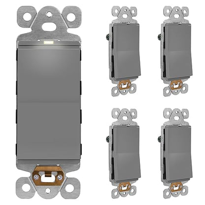 LIDER Minimalist Design Matte Finish Lighted Decorator Switch, Frameless Paddle Light Switch with Locator Light, Grounding Screw, 15A 125V, UL Listed, LS15-1P-GY5P, Gray, 5 Pack, Single Pole