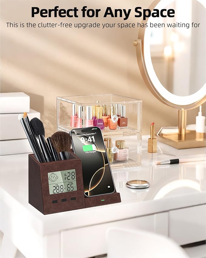 Multifunctional Pen Holder and Organizer for Desk with Wireless Charger, Digital Indoor Thermometer and Humidity Gauge, Home Office Organizers and Storage (Battery Included)