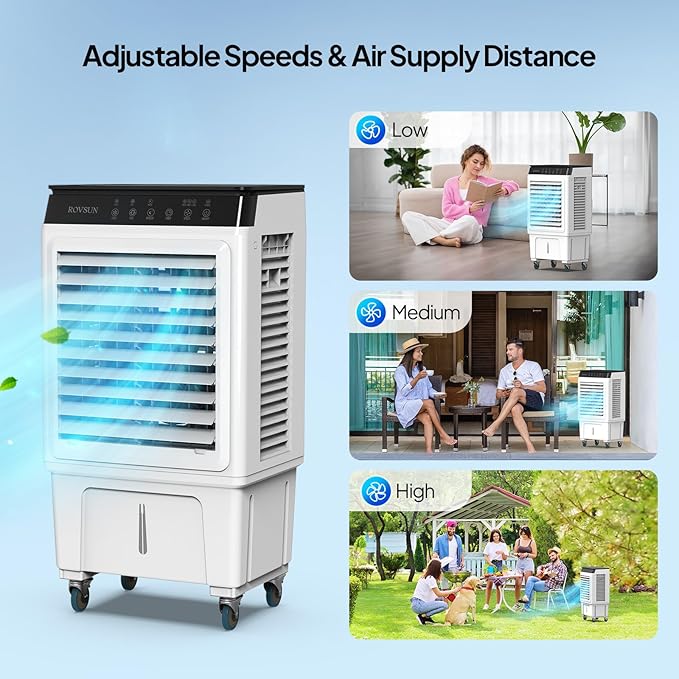 ROVSUN 2300CFM Portable Air Cooler, 7.9Gal/30L Evaporative Swamp Cooler, 3-IN-1 Cooling Fan with Remote Control, 12H Timer & 4 Ice Box, 3 Speeds, Humidifying Oscillating Fan for Indoor or Outdoor