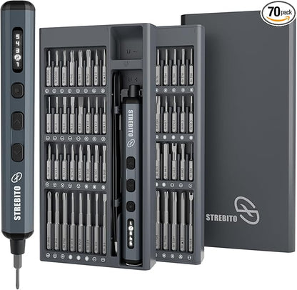 STREBITO Mini Electric Screwdriver Set, 70-in-1 Max Precision Electric Screwdriver Kit with Lights, 5 Upgraded Torque Levels, 64 Magnetic Bits, Electric Screwdriver Cordless for PC RC Electronics