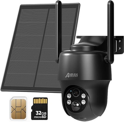 ANRAN 4G LTE Cellular Solar Security Camera Wireless Outdoor,No WiFi 2K Solar Powered Camera,Color Night Vision,360° Live View, PIR Motion Sensor,2 Way Talk,Black (SIM Card & 32GB SD Card Included)