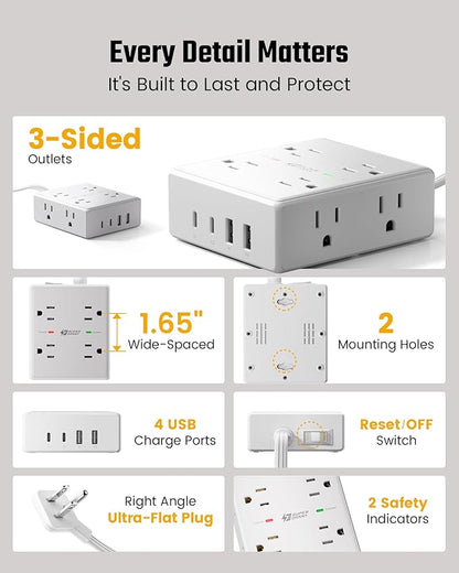15Ft Long Extension Cord, Surge Protector Power Strip with 8 Outlets & 4 USB Ports (2 USB C), Flat Plug Power Strip Wall Mountable, Desk Charging Station for Home Office, College Dorm Room Essentials