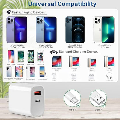 Fast Charger for iPhone,Dual Port A/C Apple iPhone Charger Fast Charging Block,2Pack Quick Double A/C iPhones Wall Chargers Adapter,6FT USB C to Lightning Cable for iPhone14 ProMax/13/12/11/XS/XR/iPad