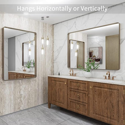 LOAAO 40”X36” Bronze Bathroom Mirrors for Vanity, Rounded Rectangle Brushed Bronze Metal Frame Mirror, Anti-Rust, Tempered Glass, Hangs Horizontally or Vertically