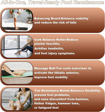 Cork Balancing Board Foot Restoration and Balance Kit with Massage Ball & Resistance Bands – Plantar Fasciitis Recovery, Improve Foot Health | Sports & Outdoors Balance Boards