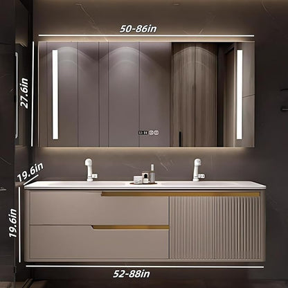 Bathroom Vanity with Double Sink - Smart Defogging Mirror & LED Lights on Both Sides, Floating Bath Sink Cabinet | 2 Drawers, Wave Shaped Panel (Khaki, 56IN)