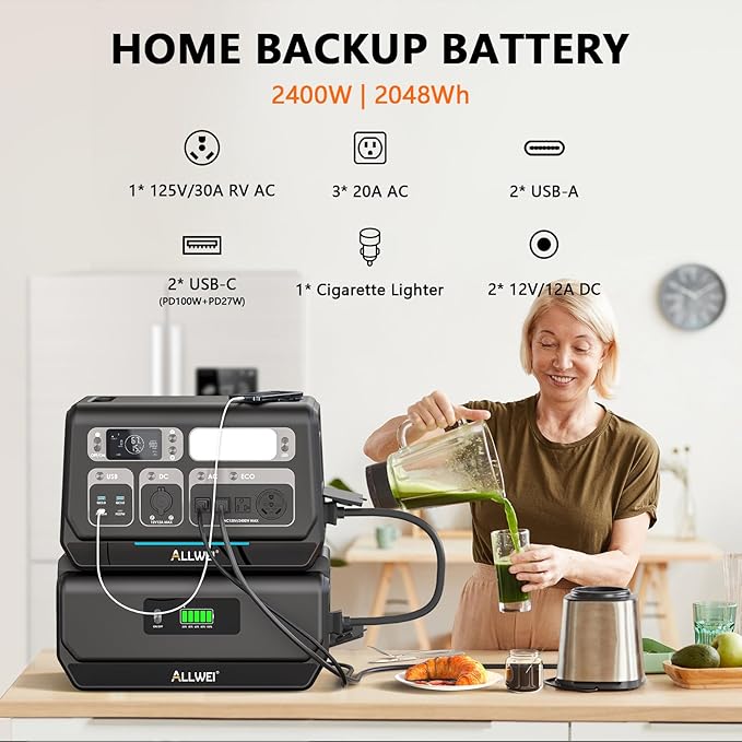 ALLWEI 2400W Portable Power Station with a B200 PRO Expansion Battery, 4096Wh LiFePO4 Battery 4 AC Outlets Up to 2400W for Home, Outdoor Camping, RV, With 1500W AC Charging &1200W Solar Charging