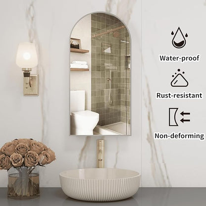 Silver Medicine Cabinet with Arched Mirror, Left or Right Opening, Mirrored Medicine Cabinet Wall Mounted, Bathroom Vanity Mirror with Storage, Adjustable Shelves, Not Recessed, 16x32 inch