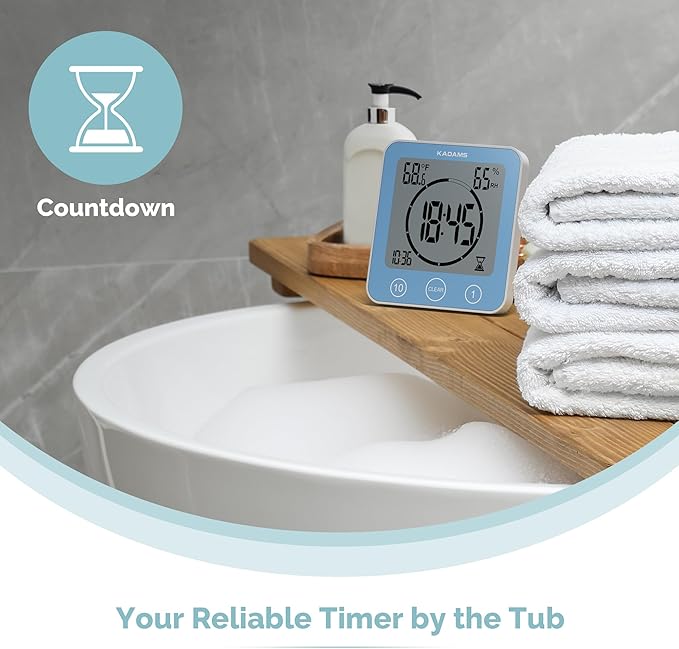 KADAMS Shower Clock Waterproof Bathroom Timer – Digital Wall Clock with Countdown, Magnetic Kitchen Clock with Temperature & Humidity, Suction Cup for Kids Shower Spa Sauna Cook Bath, Blue
