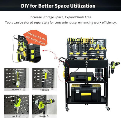 Lumizone Folding Tool Cart with Drawer and Pegboard Hooks Rolling Utility Service Cart on Wheels for Garage Organizer Foldable Power Tool Storage Heavy Duty Steel (Tool Cart with Drawer+Hooks)