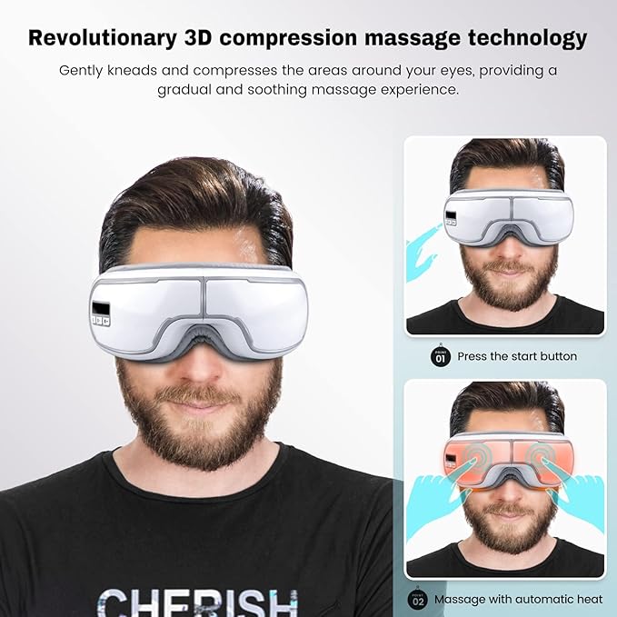 Eye Massager with Heat,Heated Eye Mask, Compression Massage,Eye Massager for Migraine Relief, Reduces Dark Circles & Strain, Improves Sleep, Ideal Gift for Men/Women,White