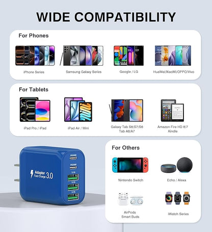 (2-Pack) 60W USB C Wall Charger Block, 5-Port C Charger Fast Charging Block PD Power Adapter +QC 3.0 Multiport Type C Box Brick Cube USB A Wall Plug for iPhone 15/16/17 Pro Max,Samsung (Dark Blue)