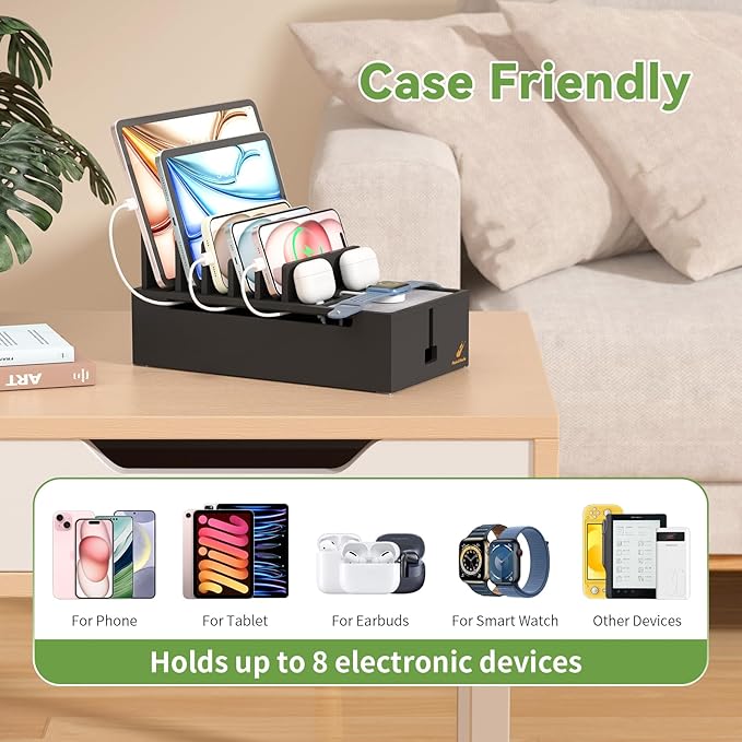 Pezin & Hulin Multi Charger Station Organizer, 5-Port USB Charger Dock with 6 Cables, Cable Management Box, Cord Organizer for Desk, Wire Organizers and Storage for Cords and Power Strip -Black