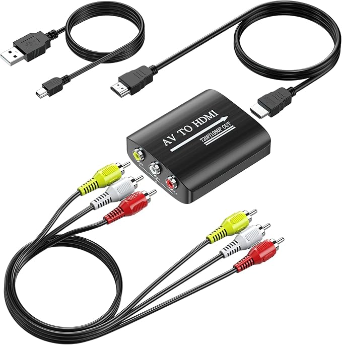GINGIN RCA to HDMI Converter, AV to HDMI Converter for TV/PC/N64/Wii/PS1/PS2/PS3/STB/Xbox/VHS/VCR/Blue-Ray DVD Players, with 3.3ft RCA and HDMI Cables