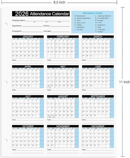 2026 Attendance Calendar Work Tracker Attendance Calendar Cards - 8.5 X 11 Cardstock/Pack of 25 Sheets