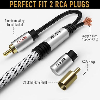 Elecan Premium RCA Cable 75 Ft (Hi-Fi Sound-16 AWG-Shielded) 2 RCA Male to 2 RCA Male Stereo Audio Cable, Gold Plated-Aluminum Alloy Shell-Pure Copper-Braided RCA Cord for Home Theater Speakers + Ties